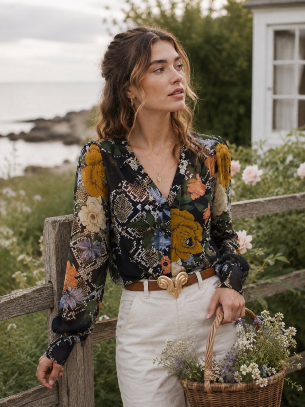 Cabi 3762 Snake Charmer Dark Floral Semi Sheer Long Sleeve Blouse
